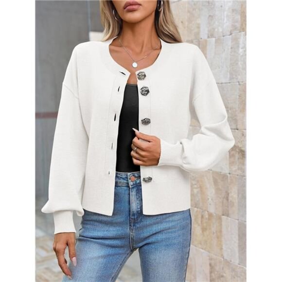 Button-Up Cardigan – Lantern Sleeve Knit Crew Neck Sweater Jacket (Fall Trendy) - Picture 4 of 5